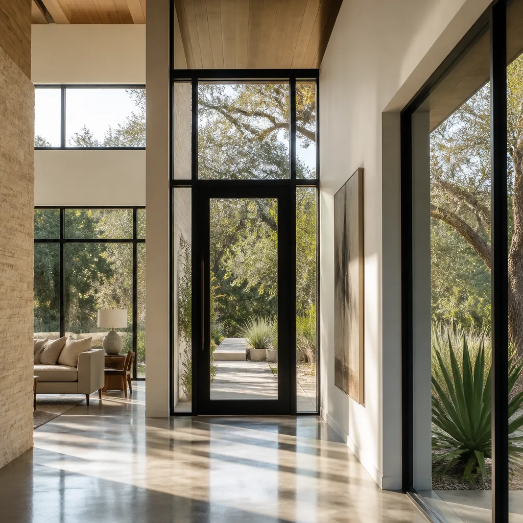 Modern glass front door entry with floor-to-ceiling windows and natural light