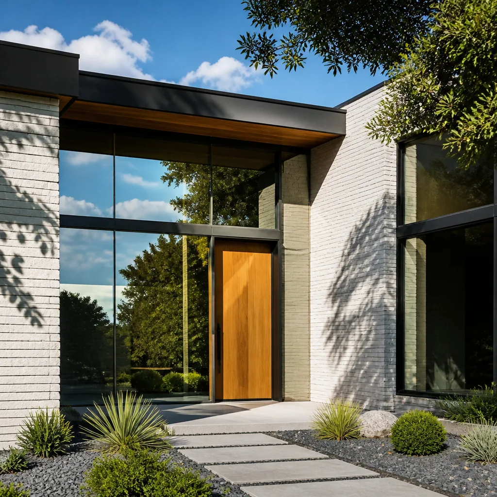 Modern wood front door replacement with floor-to-ceiling glass entry panels