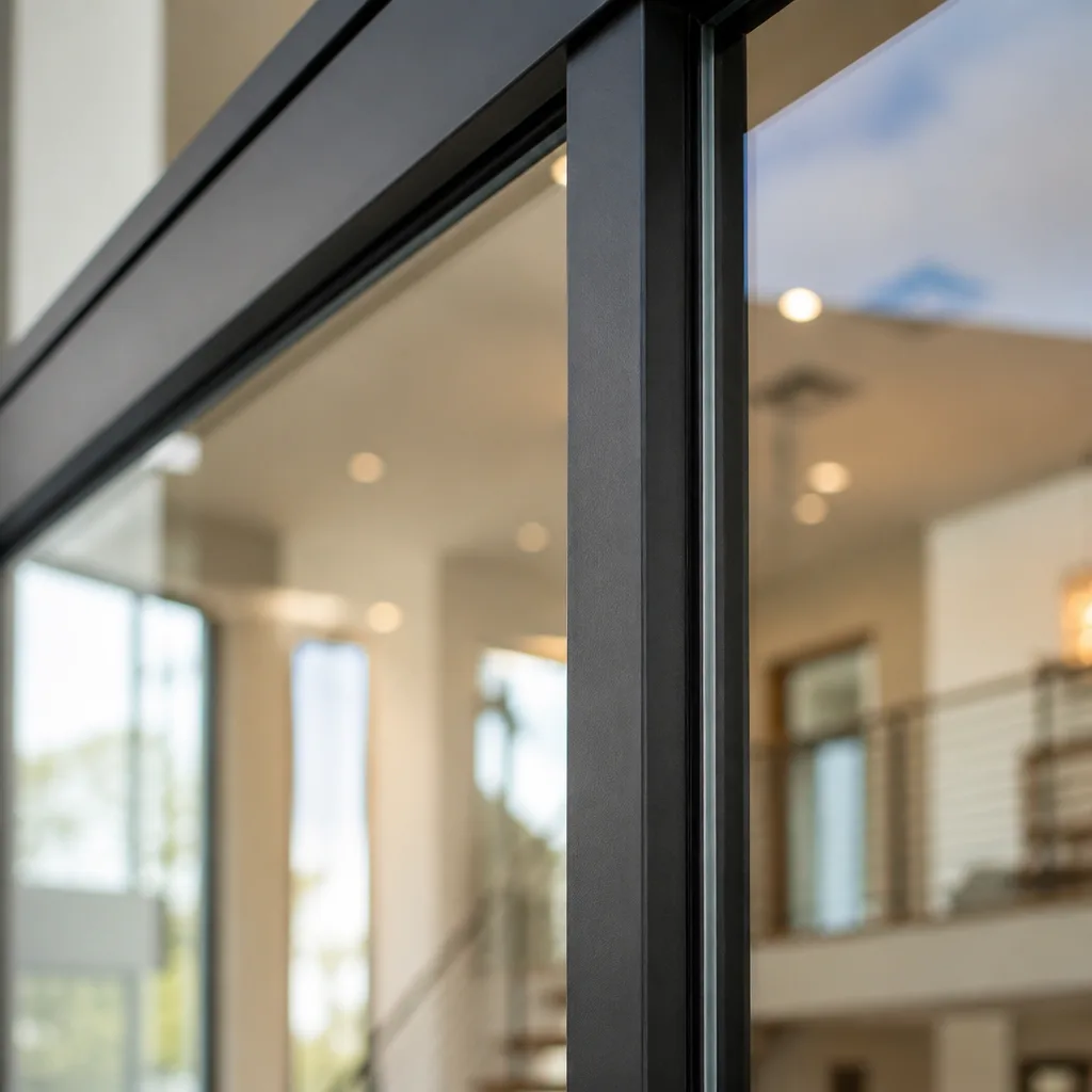 Close-up of modern black window frame and glass for residential installation.