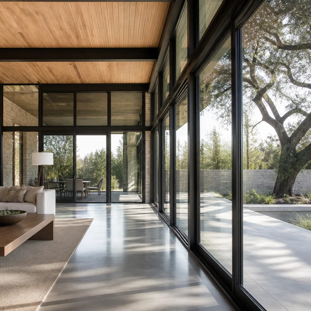 Modern floor-to-ceiling glass windows and sliding doors in a luxury home