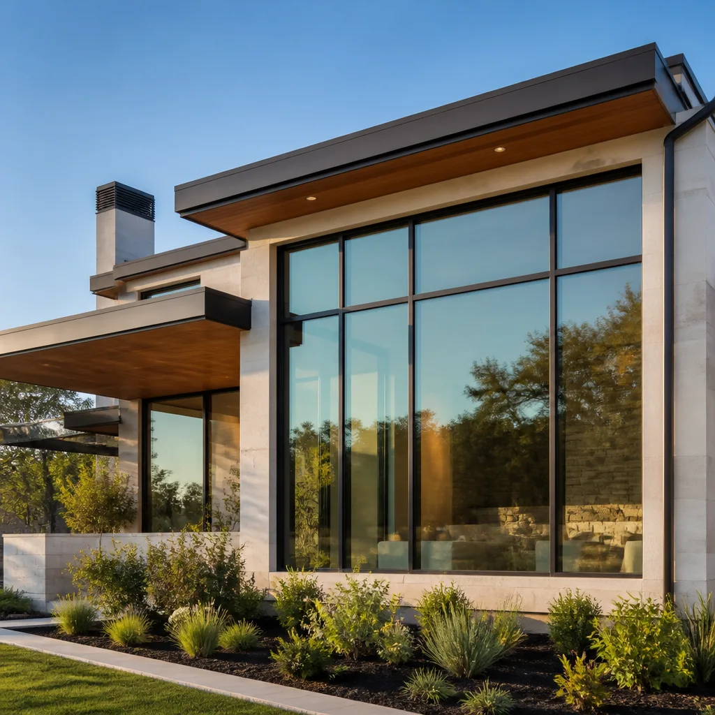 Modern home exterior with large energy-efficient architectural glass window installations