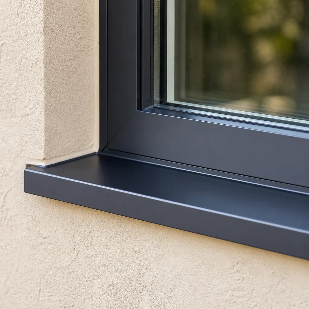 Modern dark grey aluminum window frame installed in a beige exterior wall