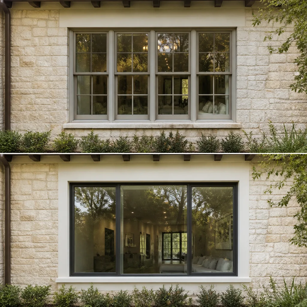 Modern window replacement showcasing a sleek transition from traditional to expansive glass.