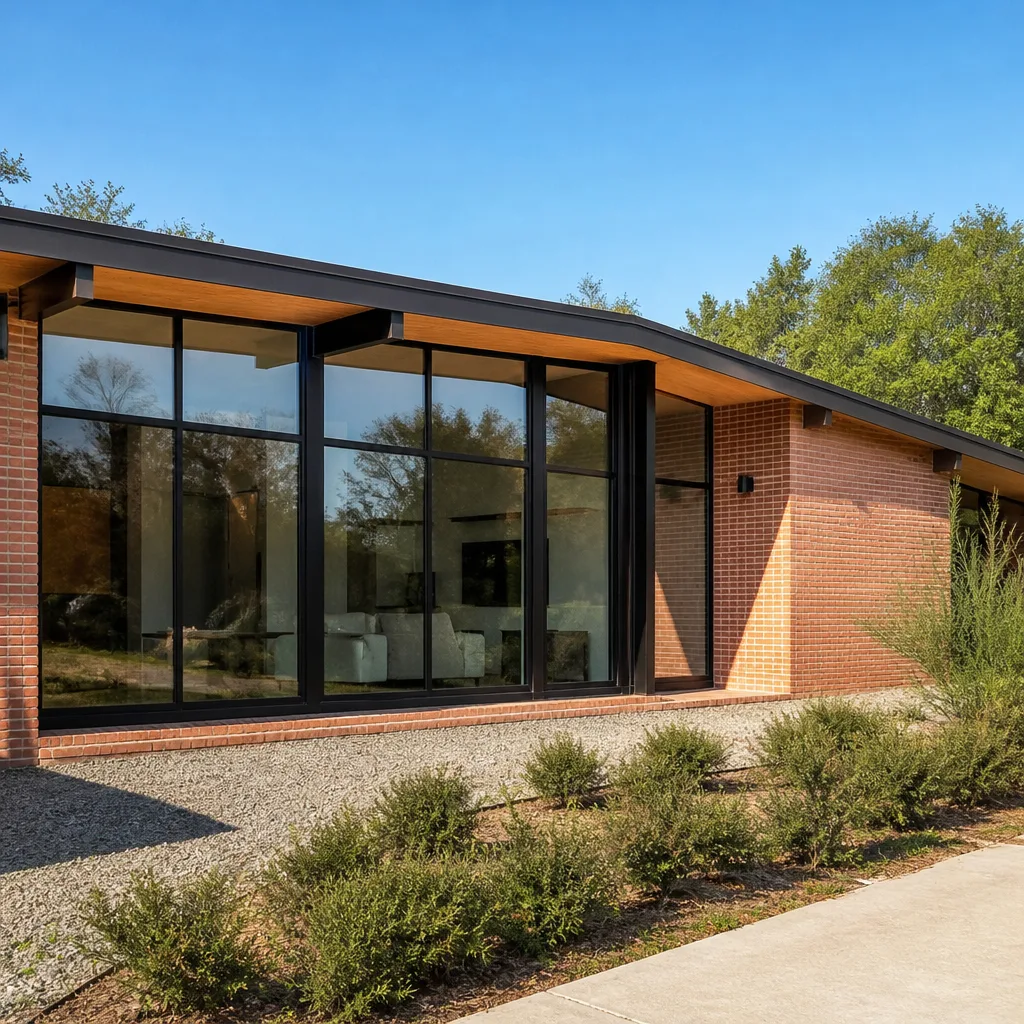 Modern home exterior with large black-framed windows after professional replacement